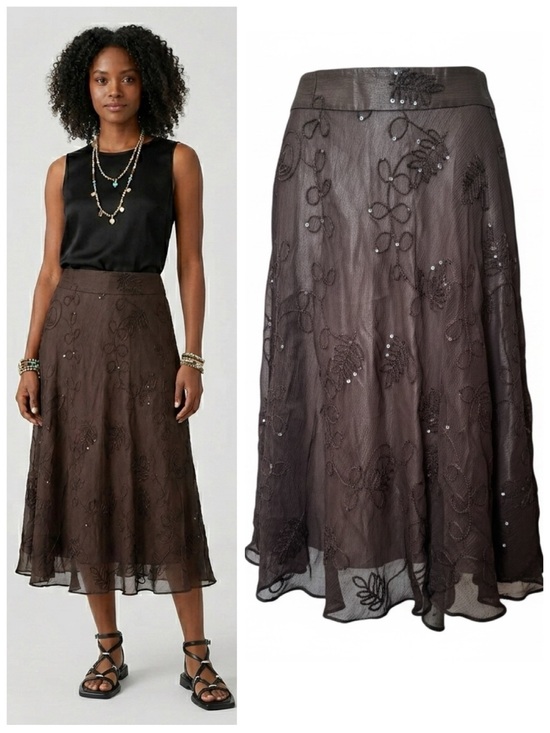 Dresses & Skirts - Anne Klein NEW Y2K 100% Silk Sheer Embroidered Sequin Midi Skirt Brown 4 Boho